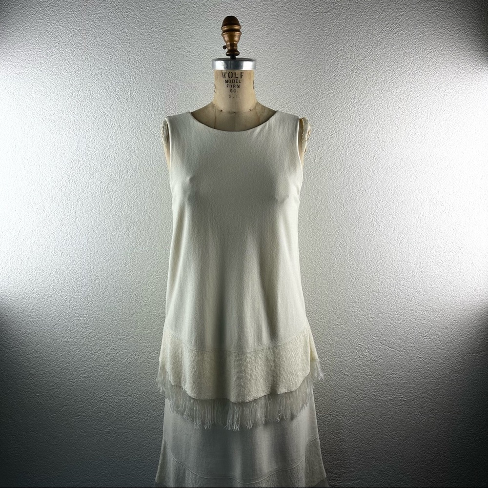 Theory l S Resort Jurinzi Prosecco Parchment Stretch Knit Fringe Hem Tank Dress